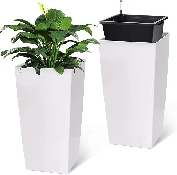 30" Tall Planters Set of 2, Outdoor＆Indoor Black Planter Pots, High Front Porch Planter Pots with Drainage Holes＆Water Level Monitor Movable Wheels ＆Inner Bucket, Automatic Watering, White by GreenHaven Gardens