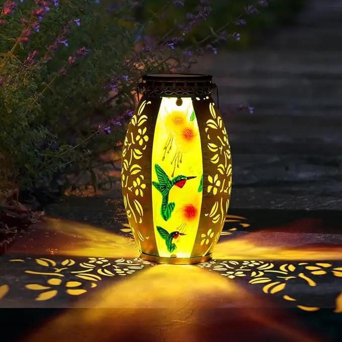 Hummingbird Solar Lanterns Outdoor Waterproof,Stained Glass & Metal Solar Lantern,Hanging Solar Lantern with Hollowed-Out Design,Hummingbird Tabletop Lamp Solar Lights for Yard Garden Patio by GreenHaven Gardens