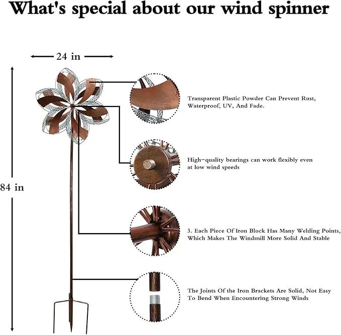 Garden Wind Spinner,Flower Wind Spinner,Outdoor Metal Wind Sculpture & Spinner Large 23 inch Dia 84 inch Height Kinetic Windmill for Garden Yard by GreenHaven Gardens
