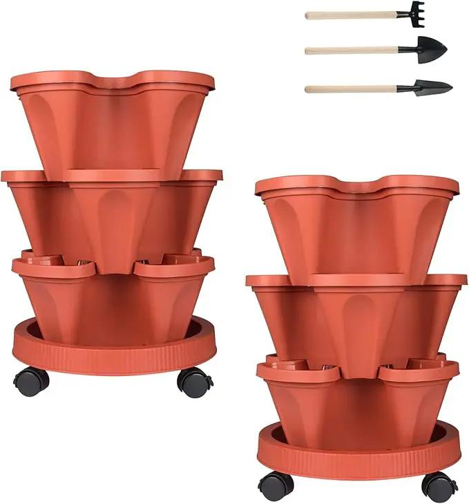 Vertical Planter 3 Tier Stackable Planters Garden Planters Strawberry Herb Flower and Vegetable Planter Indoor Outdoor Gardening Pots with Removable Wheels and Tools 2-Pack by GreenHaven Gardens