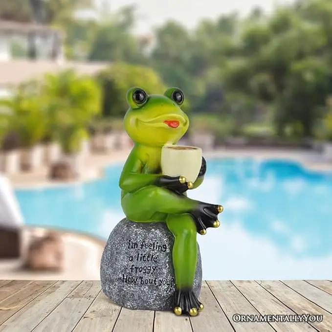 Spring & Summer-Themed Garden Statues – Adorable Outdoor Decor for Lawn, Patio & Porch (Coffee Drinking Frog Garden Statue with Funny Quote) by GreenHaven Gardens