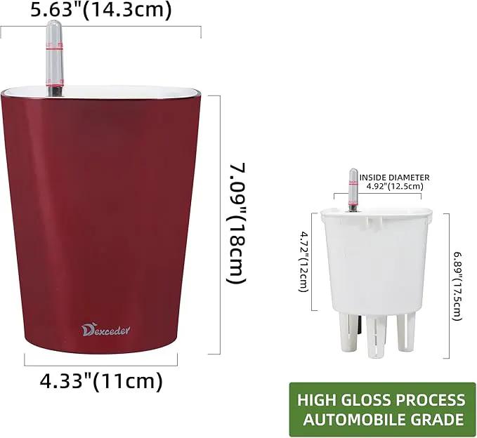 Dexceder 6x7 Self Watering Planter Indoor Outdoor, High Gloss Table Flower Plant Pot with Water Level Indicator (Wine Red) by GreenHaven Gardens