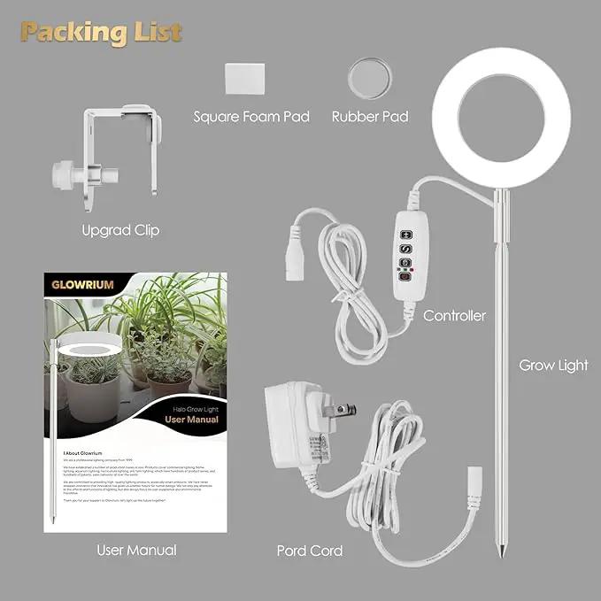 GLOWRIUM Grow Lights for Indoor Plants, Full Spectrum Plant Lights with Clip, Height Adjustable&3 Spectrum Mode, 3/9/12h Automatic Timer, 10 Dimmable Brightness, Mini Halo Grow Lights for Small Plant by GreenHaven Gardens