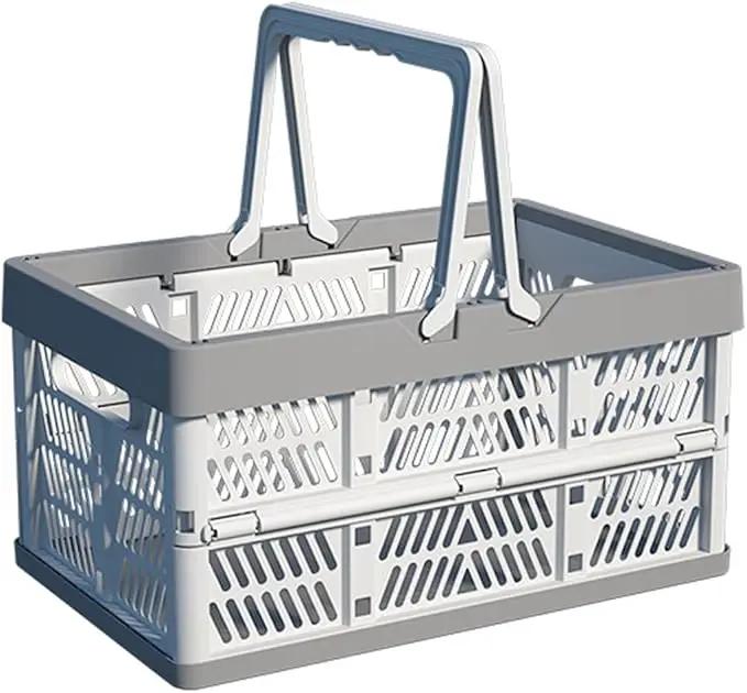 20L Plastic Collapsible Storage Crate - Foldable Handle Crate Storage Basket Bin - White & Gray M by GreenHaven Gardens