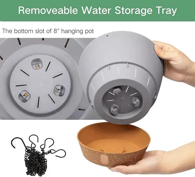 QCQHDU 2 Pack 8 inch Hanging Planters for Indoor Plants, Outdoor Hanging Baskets, Self Watering Pots with Drainage Holes & Removable Tray (Light Grey, 8 inch) by GreenHaven Gardens