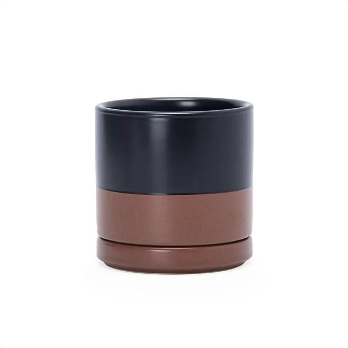 D'vine Dev 3.5 Inch Ceramic Planter Pot with Drainage Hole and Saucer, Indoor Cylinder Round Planter Pot, Black/Speckled Tan, 94-O-A-7 by GreenHaven Gardens