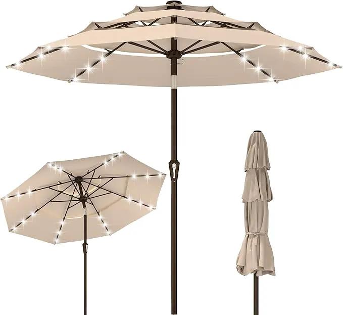 Kingdura 9ft 3-Tier Patio Umbrella with Solar Lights, Table Umbrella Outdoor Patio with Easy Crank & Tilt, 8 Sturdy Ribs, UV Protection, 32 LED Lights for Deck, Poolside, Market (Beige) by GreenHaven Gardens