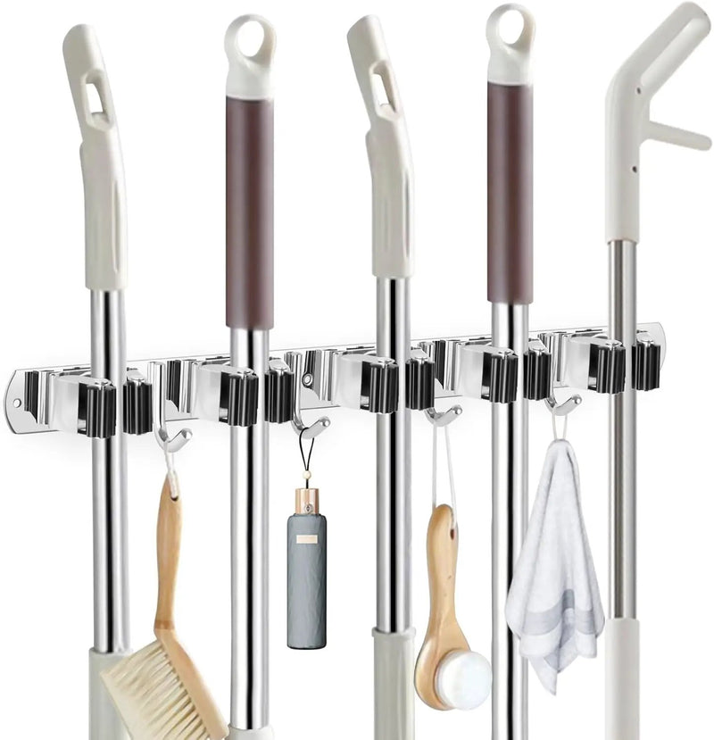 IMILLET Broom Holder Wall Mounted, Stainless Steel Broom Mop Holder Self Adhesive Heavy Duty Hooks Storage Organizer for Home Laundry Room Garden Garage Closet Kitchen 1 Pack（5 Racks with 4 Hooks） by GreenHaven Gardens