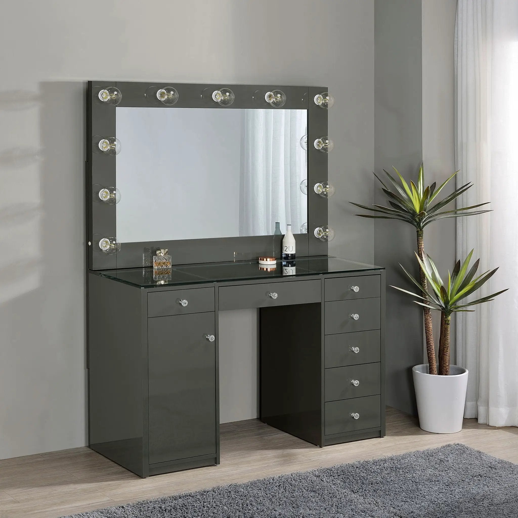 Acena 7-drawer Vanity Set with Lighting Grey High Gloss by Unique Piece Furniture