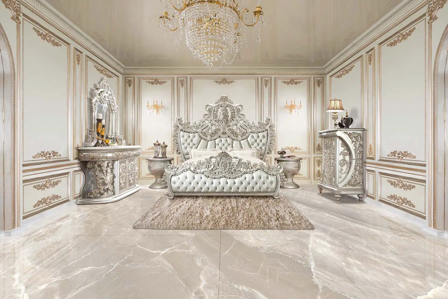 Sandoval - Eastern King Bed - Beige Synthetic Leather & Champagne by Unique Piece Furniture