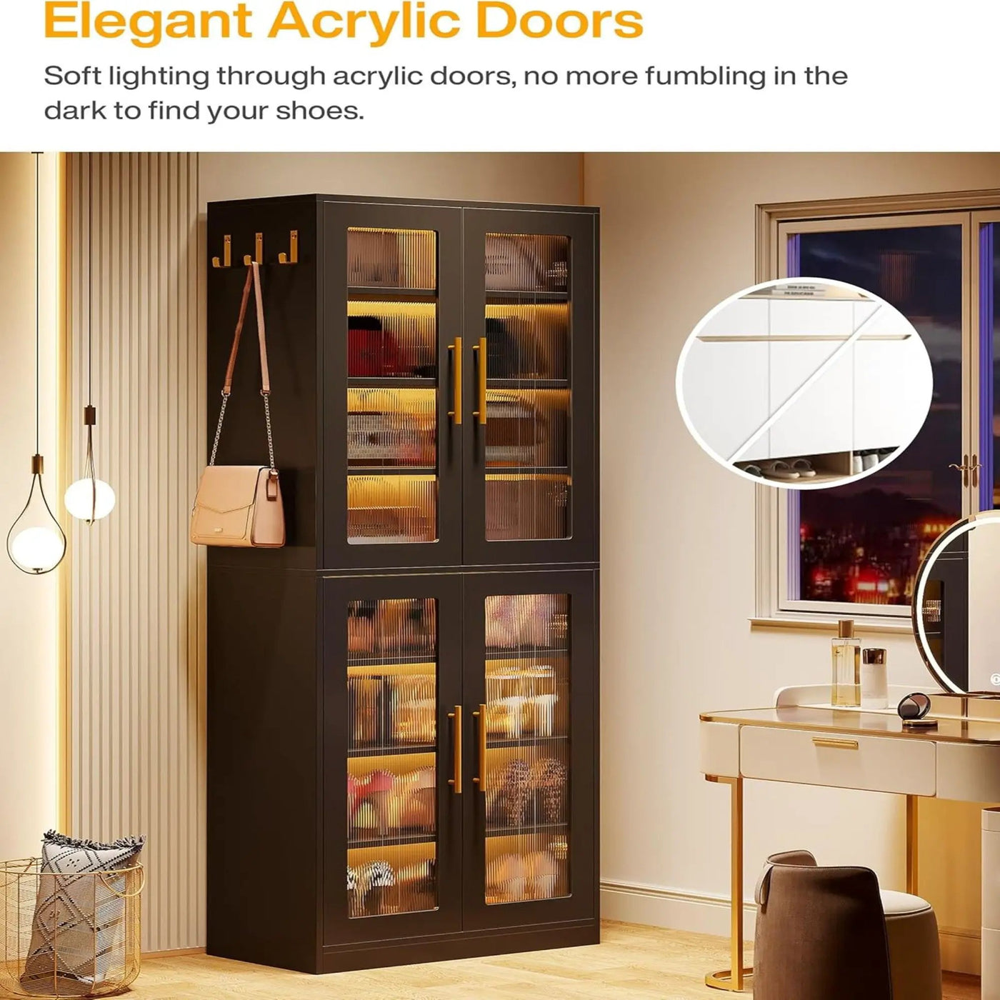 Bookcase With Doors And LED Lighting, 8 Adjustable Shelves Storage Cabinet by HouseOfZazla