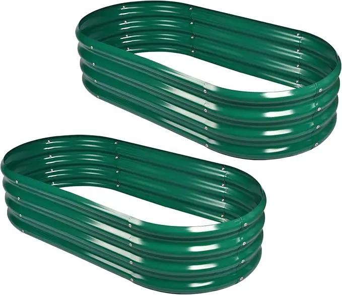 Land Guard 2Pcs Galvanized Raised Garden Bed Kit, 10×4×1ft Galvanized Planter Raised Garden Boxes Outdoor, Oval Large Metal Raised Garden Beds for Vegetables (Forest Green) by GreenHaven Gardens
