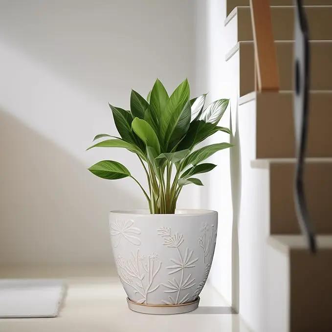10 Inch Plant Pot Ceramic Planter Pot with Drainage Hole and Saucer Round Planter Large Flower Pot for Indoor Outdoor Plants Home Garden Decor White by GreenHaven Gardens