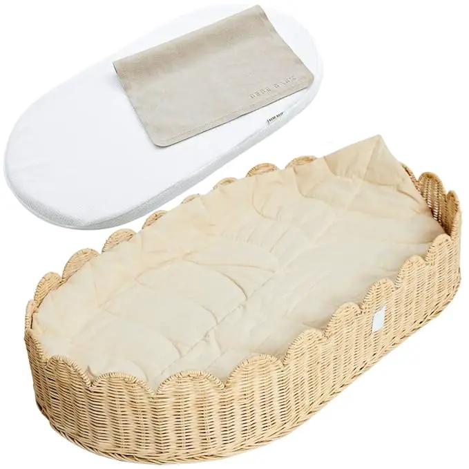 Bebe Bask Premium Baby Changing Basket - Artisan-Crafted Scalloped Rattan - Changing Basket for Baby Dresser - All Accessories Included - Complete Set for Nursery (Natural) by GreenHaven Gardens
