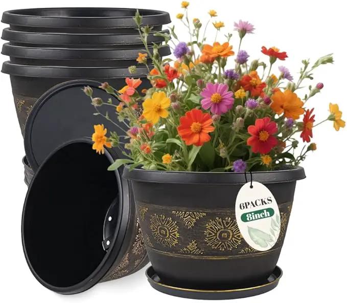 6 Pack 8 inch Plant Pots, Retro Pattern Planters with Drainage Holes and Saucer, Sturdy Plastic Garden Flower Pots for Indoor & Outdoor Plants by GreenHaven Gardens