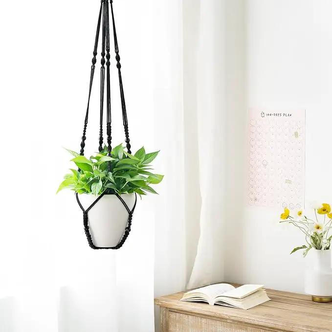 Mkono 43 Inch Macrame Plant Hanger Large for up to 12 Inch Pot Extra Long Hanging Plant Holder No Tassels Hanging Planter Basket with Wood Beads for Indoor Outdoor Boho Home Decor, Black by GreenHaven Gardens