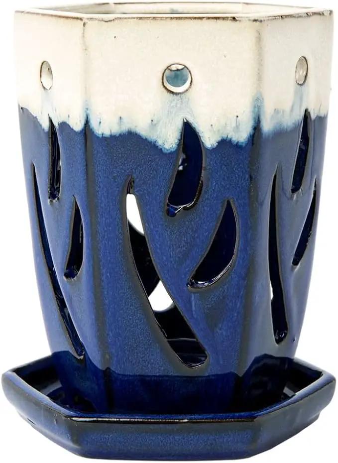 rePotme 4 x 6 inch Ceramic Orchid Pot (Sky Blue Over Cobalt) - Hexagon Orchid Pot with Holes by GreenHaven Gardens