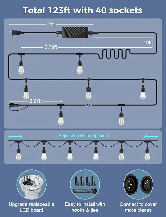XMCOSY+ Smart Outdoor String Lights, 123Ft Patio Lights Waterproof, App Control, Compatible with Alexa, RGBCWIC Color Changing LED String Light for Outside by GreenHaven Gardens