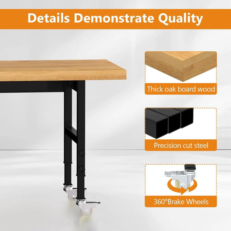 Solid Wood 60" Work Bench with Wheels, Heavy-Duty Workbench with Drawers, Adjustable Height Work Table with Power Outlets, 2000 LBS Capacity Workstation for Garage, Workshop(60" X 24") by GreenHaven Gardens