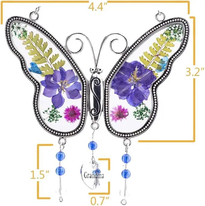 Laraine Butterfly Suncatcher with Pressed Colourful Flower Wings Mom Mother's Day Butterfly Glass Wind Chime Ornament Charm with Metal Heart Gifts for Mom Grandma Birthday (Purple Grandma) by GreenHaven Gardens