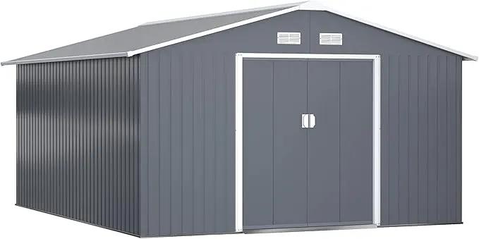 Outsunny 11' x 13' Outdoor Storage Shed, Garden Tool Metal Shed with Foundation Kit, Double Lockable Door, Air Vents and Sloping Roof, for Backyard, Patio, Lawn, Dark Gray by GreenHaven Gardens
