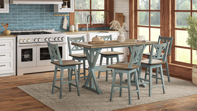 Aqua Blue X-Base Counter Height Dining Table with Solid Wood Construction, photo 4 of 5