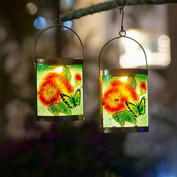 Starsoul 2 Pack Hanging Solar Lantern Outdoor Waterproof Glass Butterfly and Flowers Decorative Solar Lights for Outside Garden Yard Table Patio Decor by GreenHaven Gardens