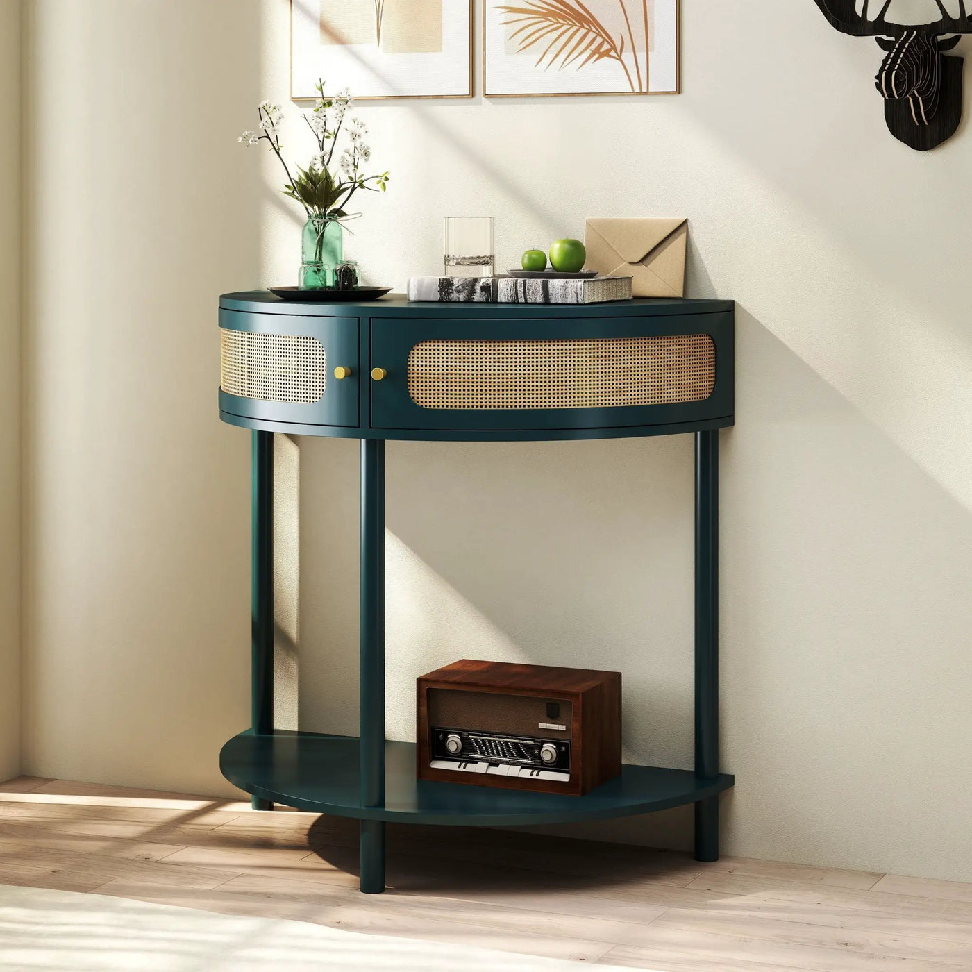 Boho Rattan Semi Circle End Table With Sliding Rattan Door, Storage And Bottom Shelf by HouseOfZazla