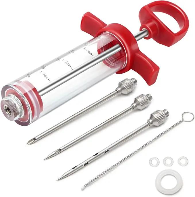TGE-V 1-oz Plastic BBQ Marinade Injector Kit, Turkey Injector Syringe (3 Stainless Steel Meat Needles + 3 Replacement O Rings + 1 Cleaning Brush) for Smoked BBQ Grill by GreenHaven Gardens