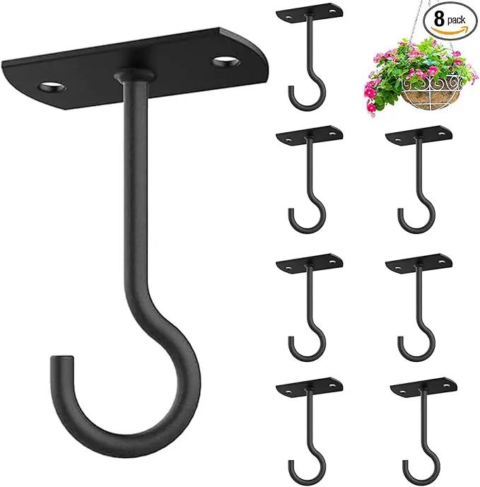 Ceiling Hooks for Hanging Plants 8Pack 4in,Wall Hooks for Plants,Lights,Planters,Lanterns,Hanging Bird Feeders,Wind Chimes,Indoor&Outdoor Decoration Hooks Black by GreenHaven Gardens