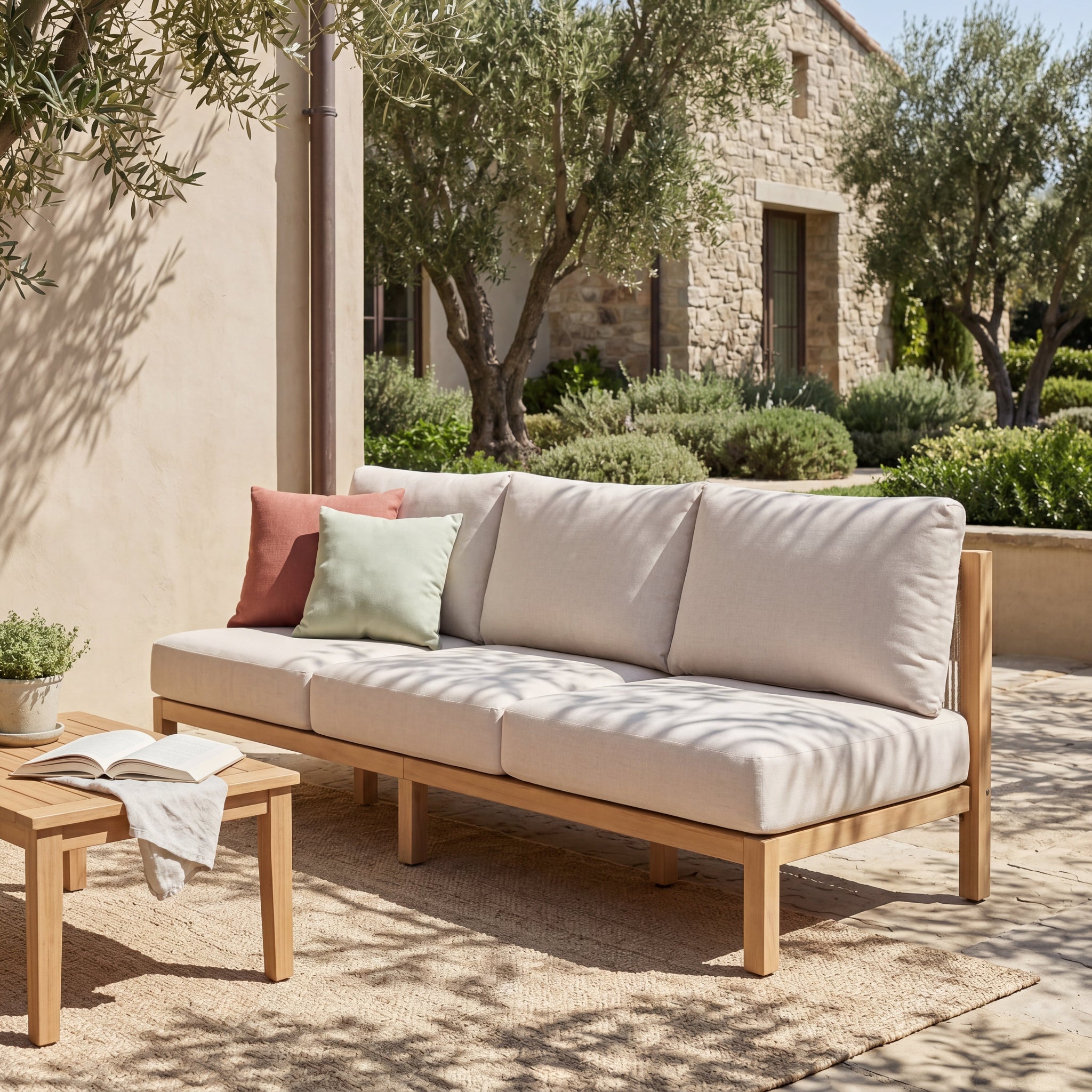 73.23" Outdoor Acacia Wood Frame Rope-Braided Backrest Three-Seater Sofa by HouseOfZazla