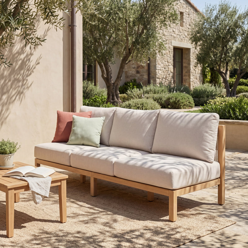 73.23" Outdoor Acacia Wood Frame Rope-Braided Backrest Three-Seater Sofa by HouseOfZazla