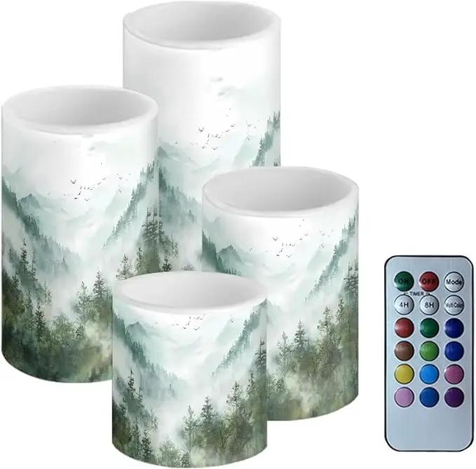 LED Flameless Candles Set Battery Operated Candles Pack of 4 with Remote Control Timer Dancing Flame Pillar Candles for Indoor Home Desktop Decoration, Mountain Tree Green by GreenHaven Gardens