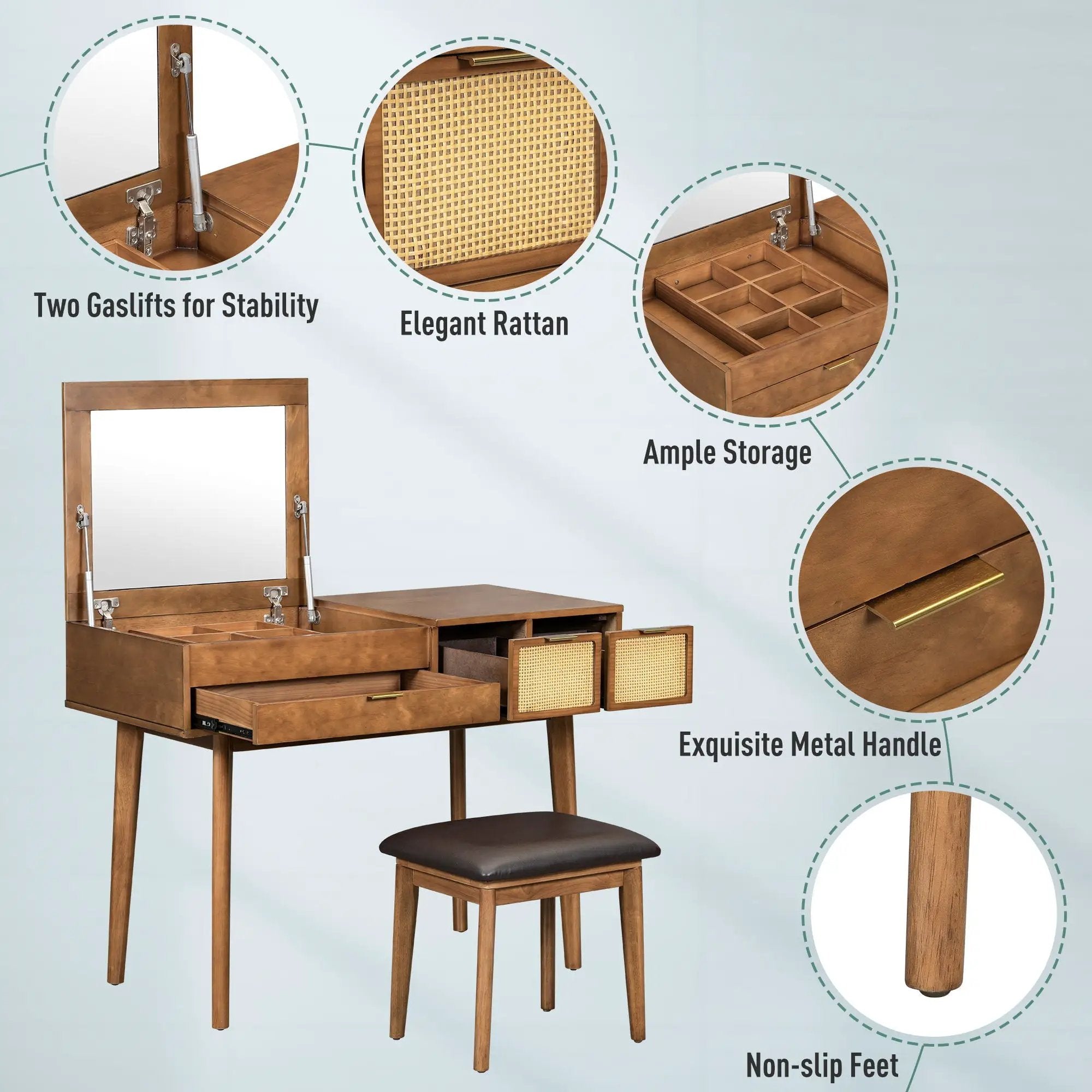 Classic Wood Makeup Vanity Set With Flip-Top Mirror And Stool, Dressing Table With Three Drawers And Storage Space by HouseOfZazla