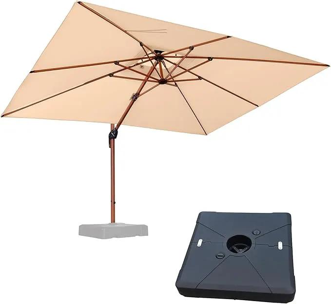 PURPLE LEAF 9' X 12' Double Top Deluxe Wood Pattern Rectangle Patio Umbrella with Base Offset Hanging Umbrella Outdoor Market Umbrella Garden Umbrella, Beige by GreenHaven Gardens
