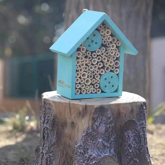 Mason Bee Houses Outdoor Wooden Blue Bee Hotel for Garden and Yard Hand-Made Bamboo Bee Hive for Bees Butterflies and Ladybugs, Medium Size 8"x7.5"x5" by GreenHaven Gardens