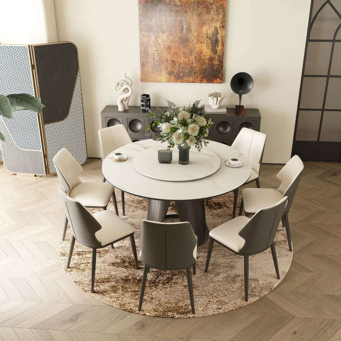 Modern Sintered Stone Dining Table With Round Turntable, Metal Pedestal, And Chairs by HouseOfZazla