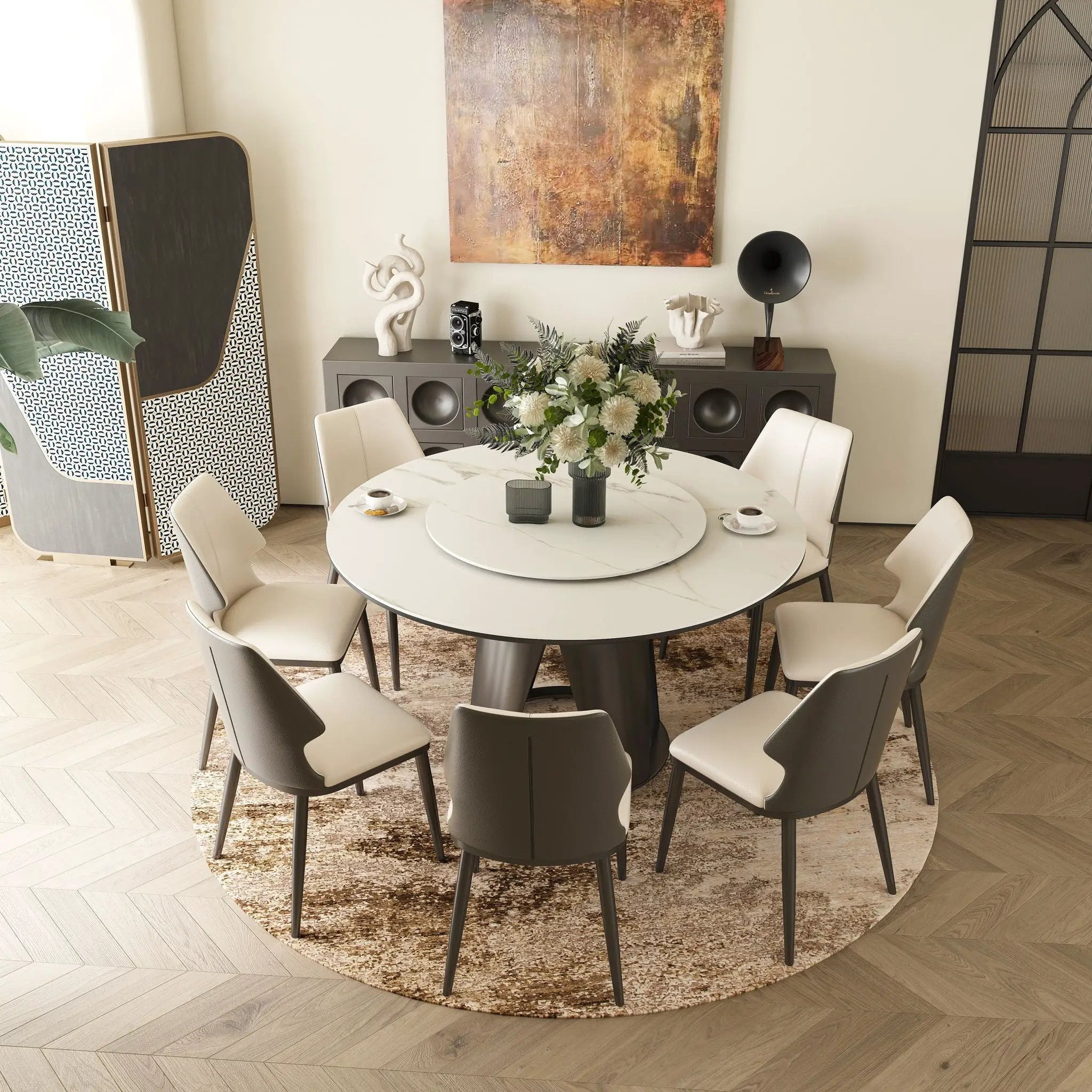 Modern Sintered Stone Dining Table With Round Turntable, Metal Pedestal, And Chairs by HouseOfZazla