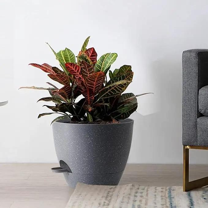 Large Self Watering Pots, 12/10/9 Plastic Planters with High Drainage Holes and Deep Reservoir for Indoor Outdoor Garden Plants and Flowers, Grey Speckles by GreenHaven Gardens