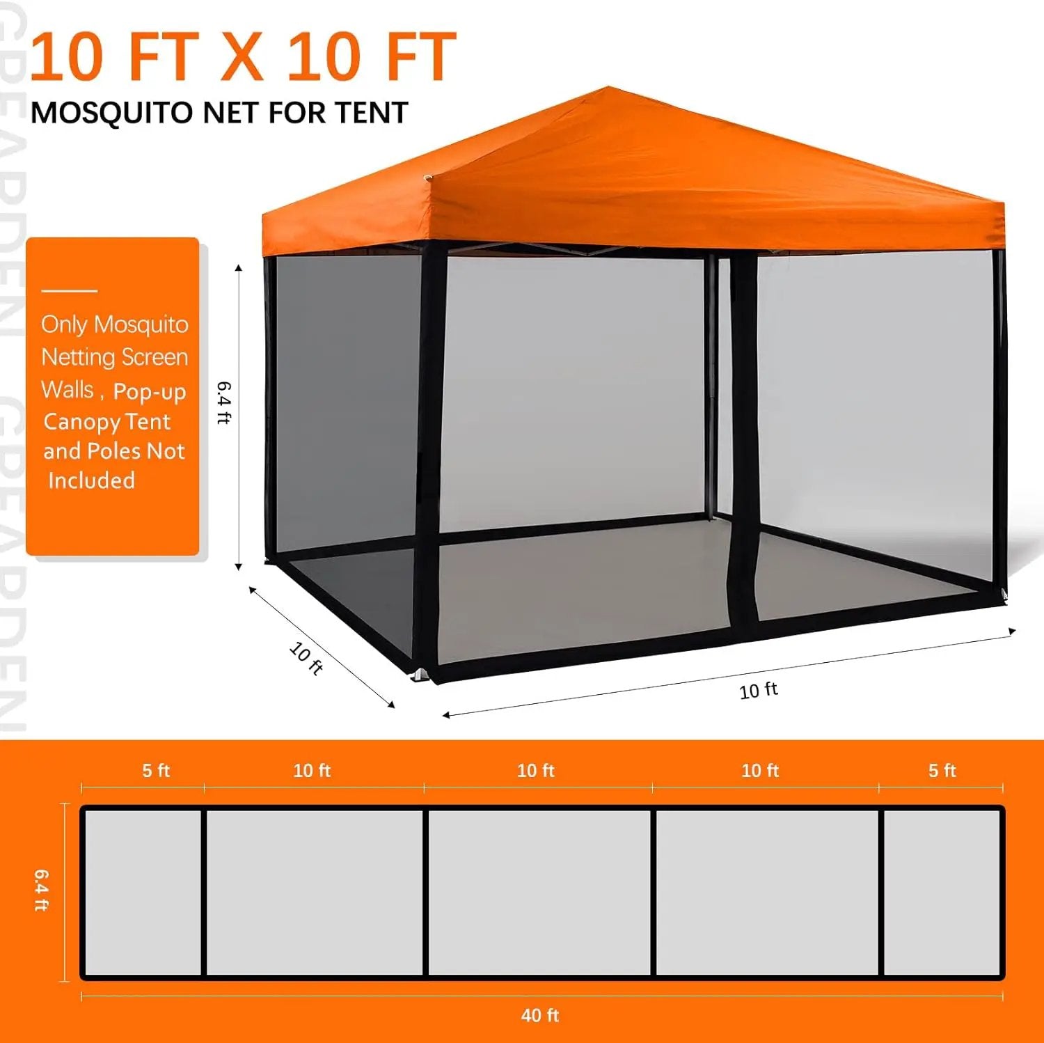 Mosquito Netting Outdoor Screen House Tent Screen Wall with Zipper for Camping, Patio, 10x 10 Gazebo and Tent (Black) by GreenHaven Gardens