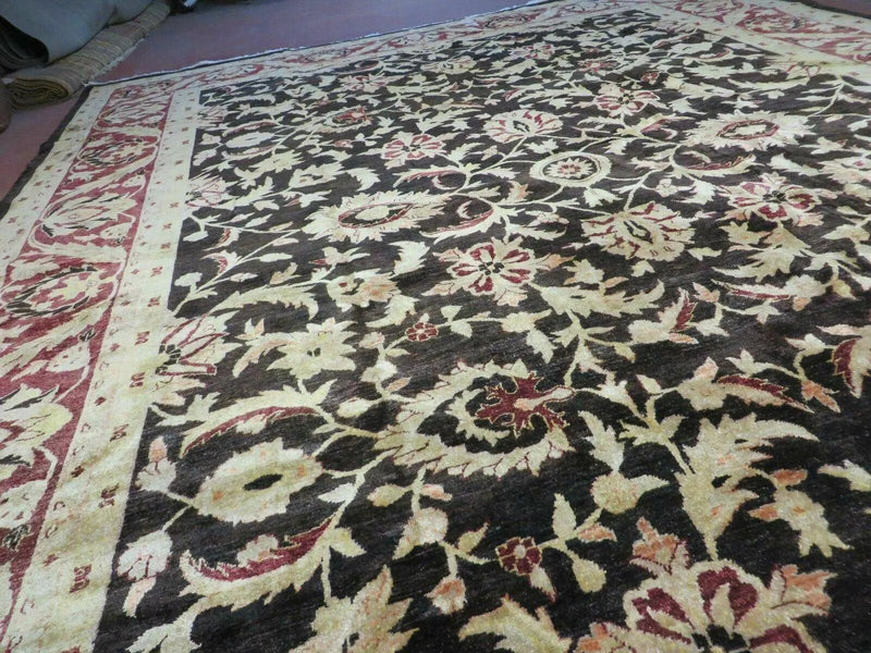 11' X 15' Vintage Hand Knotted Indian Agra Wool Rug Hand Made Dark Brown Floral by Jewel Rugs