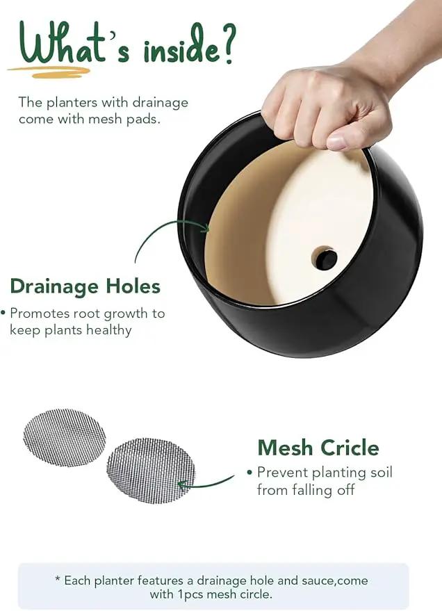 LE TAUCI Plant Pots, 4.1+5.1+6.5 inch, Set of 3, Ceramic Planters with Drainage Hole and Saucer, Indoor Flower Pot with Hole Mesh Pad, Gifts for Mom, Black by GreenHaven Gardens