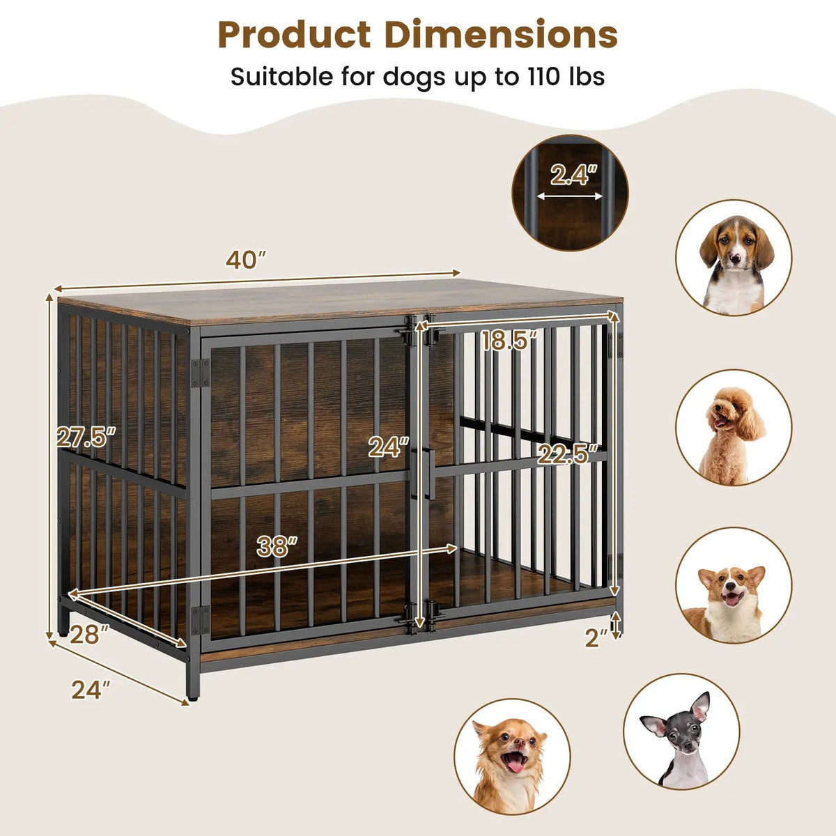 40 Inch Dog Crate Furniture Dog Kennel with Dual Lockable Double Doors by DirectDeals