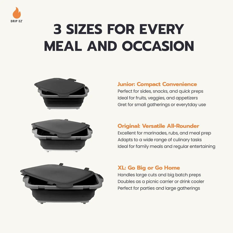Drip EZ Collapsible BBQ Prep Tubs 3-Piece Set- For Meal Prep Marinating Food Storage - Includes Cutting Board & Lid - (1) JR + (1) OG + (1) XL - Black by GreenHaven Gardens