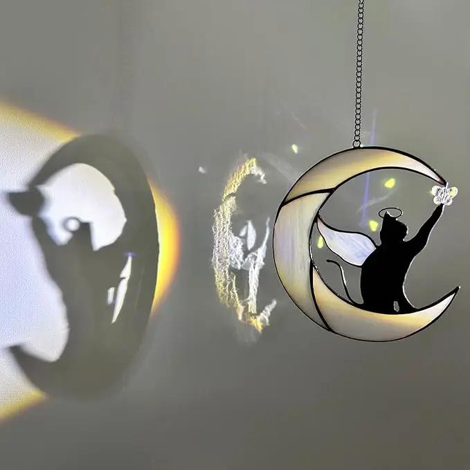 Stained Glass Suncatcher: Angel-Winged Cat Catching Butterfly on Moon - Memorial Gift for Cat Loss by GreenHaven Gardens
