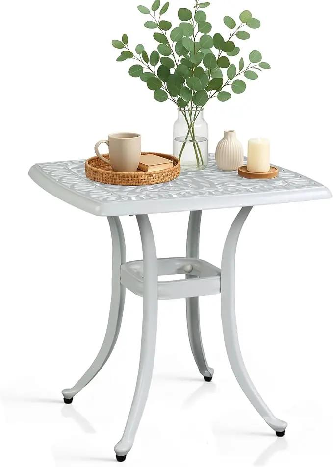 Outvita Patio Side Table, 21.3in Outdoor Square Cast Aluminum Bistro Table with Umbrella Hole and Antique Design for Backyard Porch Pool Balcony Deck White by GreenHaven Gardens