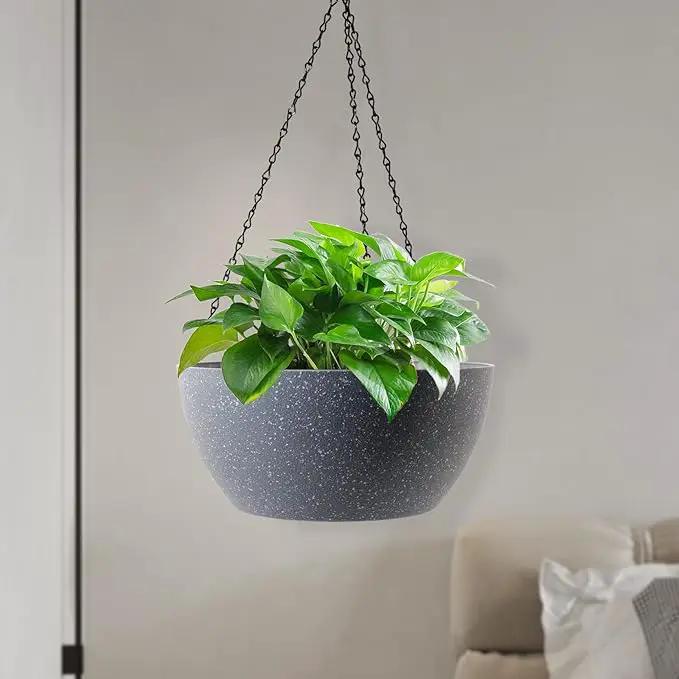 10 inch Hanging Planters for Outdoor Indoor Plants with Drainage Holes and Chain, 2 Pack Round Hanging Flower Plant Pots for Garden Home Porch Decor, Speckled Grey by GreenHaven Gardens