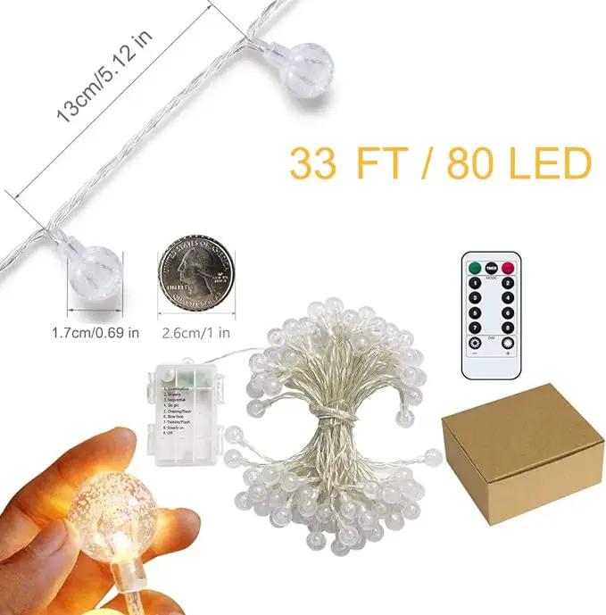 Battery Operated Globe String Lights,Water Proof 33 FT 80 LED Crystal Ball String Lights 8 Modes With Remote Control ,Indoor Outdoor LED Fairy Lights for Home, Christmas, Party Patio, Warm White by GreenHaven Gardens