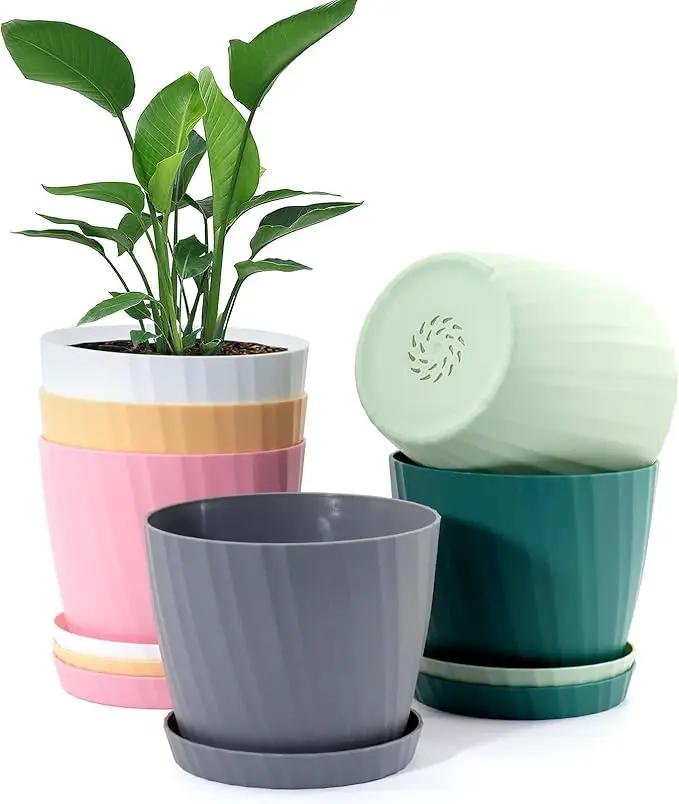 6 Inch Plant Pots Bulk, 6 Pack Plastic Planters with Drainage Holes and Saucers for Indoor Outdoor House Plants and Flowers, Colorful by GreenHaven Gardens