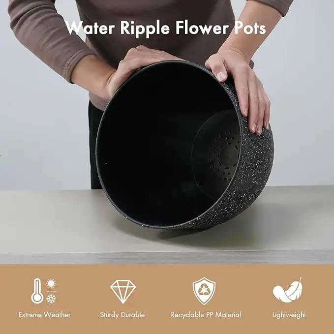 12 Inch Wide Water Ripples Flower Pots for Indoor or Outdoor Plants, Large Plant Pots with Drainage Holes & Saucer, Plastic Planters Set for Garden & Home Decor (Black with White Speckles) by GreenHaven Gardens